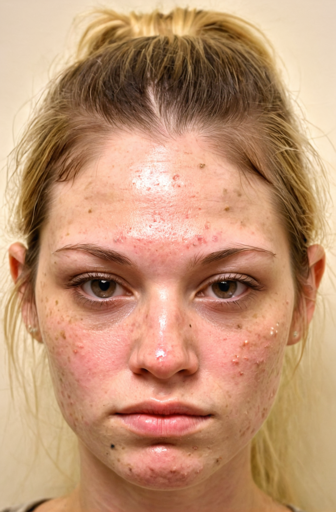 Mugshot of a female Drug Addict, Dirty Skin Details, Dirty Face, Acne, Ugly